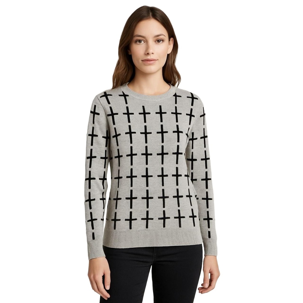 POL‎ Women’s Light Gray Sweater with Black Cross Pattern – Size L